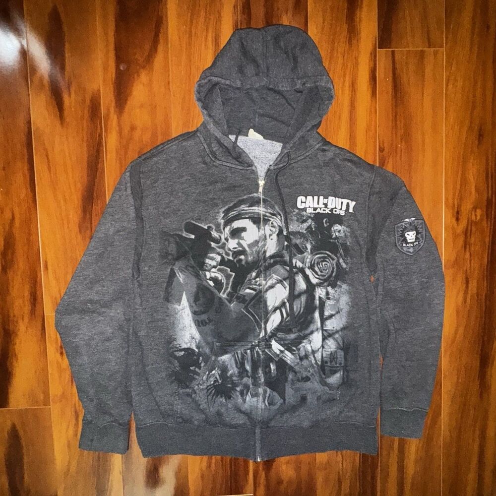 Call of Duty Black Ops 1 Zip Hoodie XL Gray Skull Graphic Gamer Sweatshirt